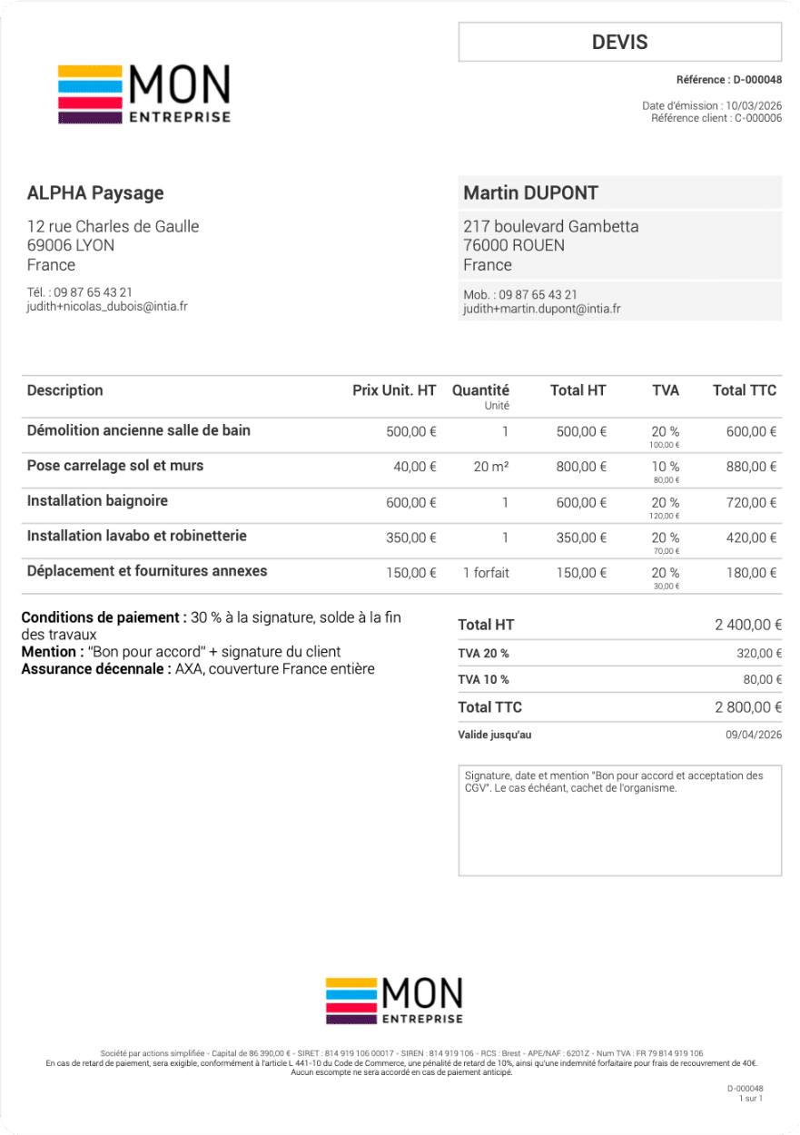 devis auto entrepreneur gratuit excel